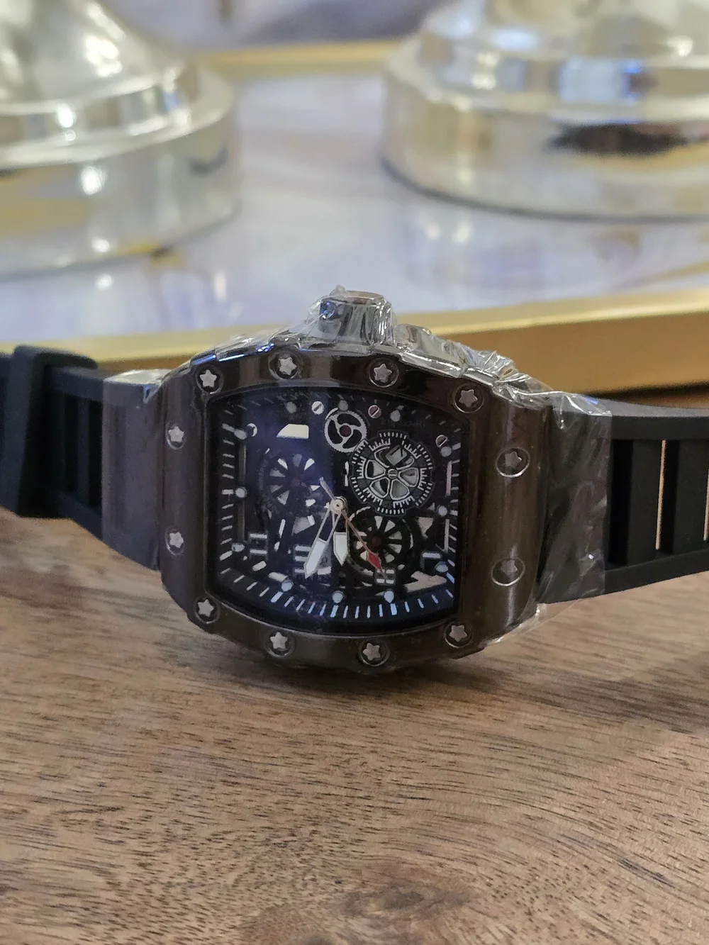 Men's Black Skeleton Dial Sport Watch with Rubber Strap